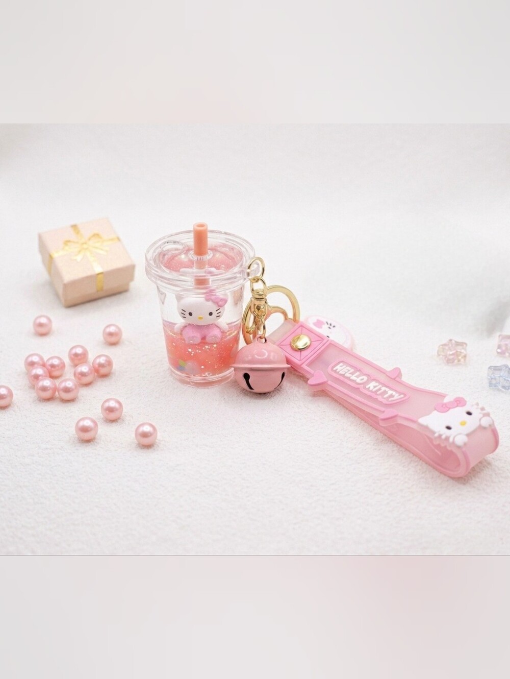 Hello Kitty Pink Drink Charm Key Ring with Bell and Strap